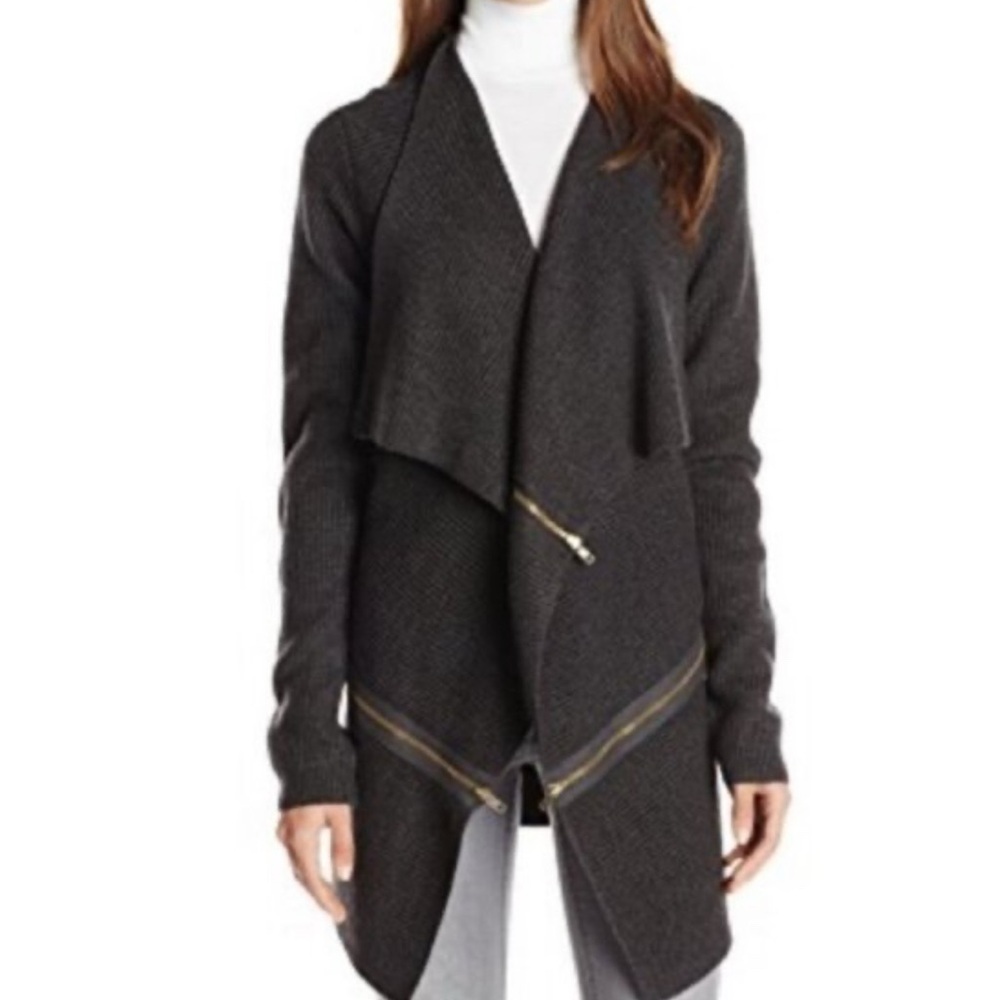 Women Bailey 44 Charcoal‎ Ribbed Wool Blend Zipper Motif Open Cardigan Sweater M